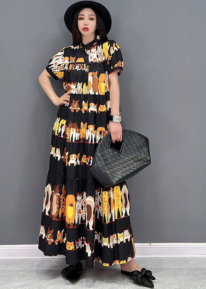Loose Black Stand Collar Oversized Wrinkled Character Print Chiffon Long Dresses Short Sleeve - Image 2