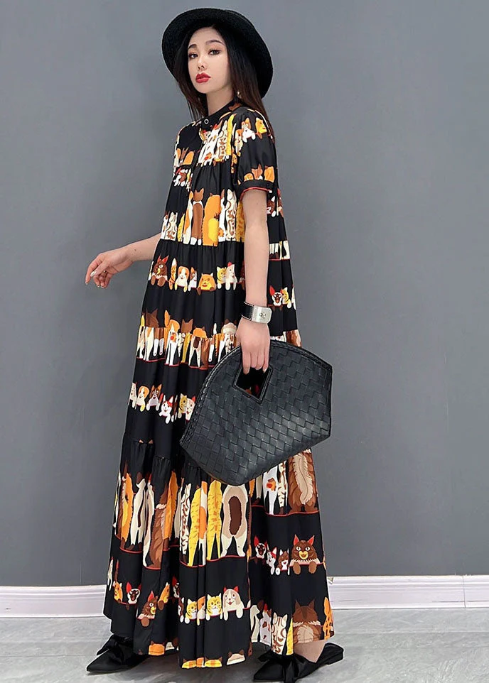Loose Black Stand Collar Oversized Wrinkled Character Print Chiffon Long Dresses Short Sleeve - Image 3