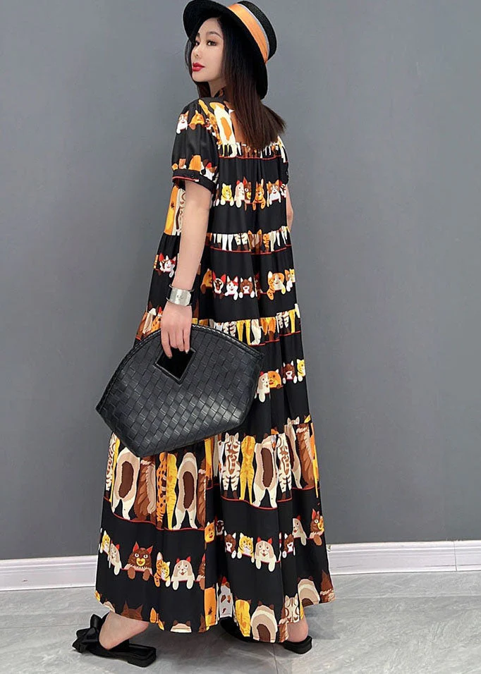 Loose Black Stand Collar Oversized Wrinkled Character Print Chiffon Long Dresses Short Sleeve - Image 4