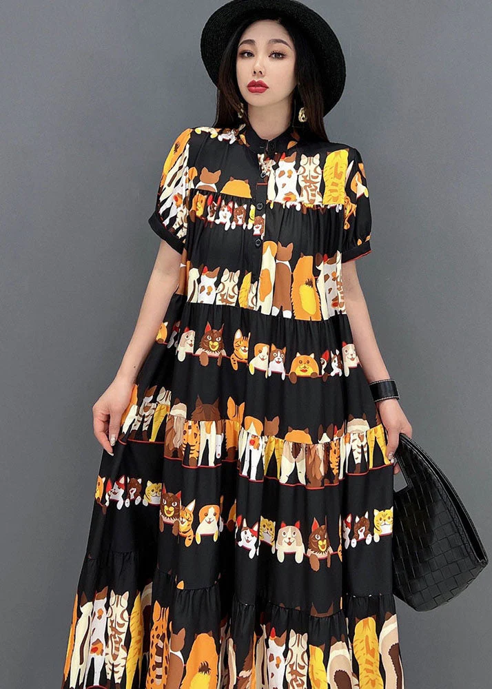 Loose Black Stand Collar Oversized Wrinkled Character Print Chiffon Long Dresses Short Sleeve - Image 5