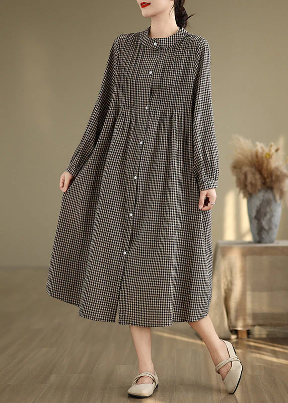 Loose Black Stand Collar Plaid Cotton Shirts Dresses Spring - Image 2