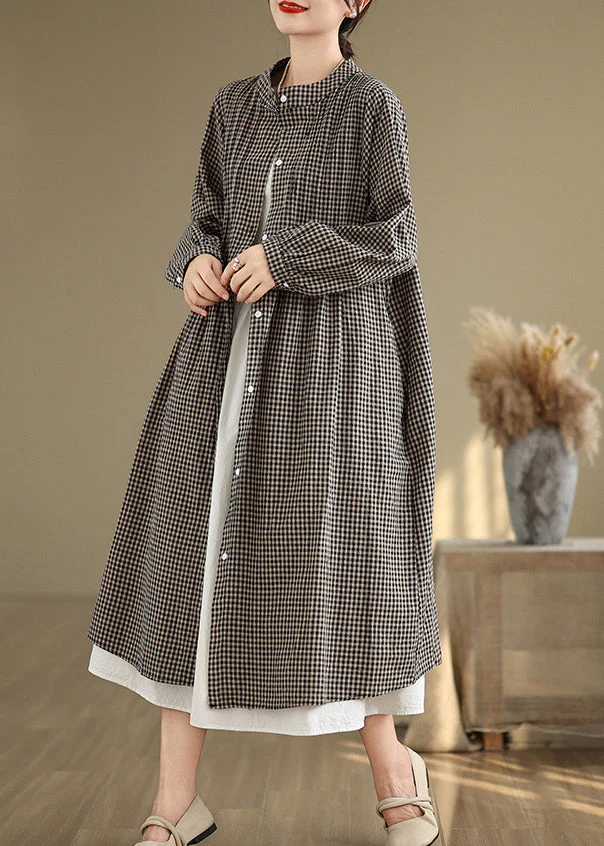 Loose Black Stand Collar Plaid Cotton Shirts Dresses Spring - Image 3