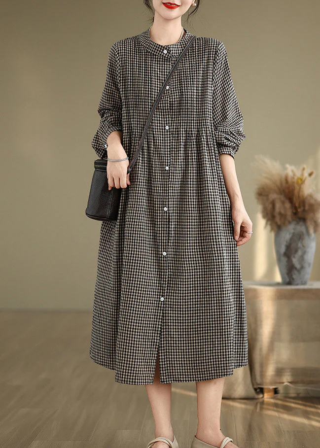 Loose Black Stand Collar Plaid Cotton Shirts Dresses Spring - Image 4