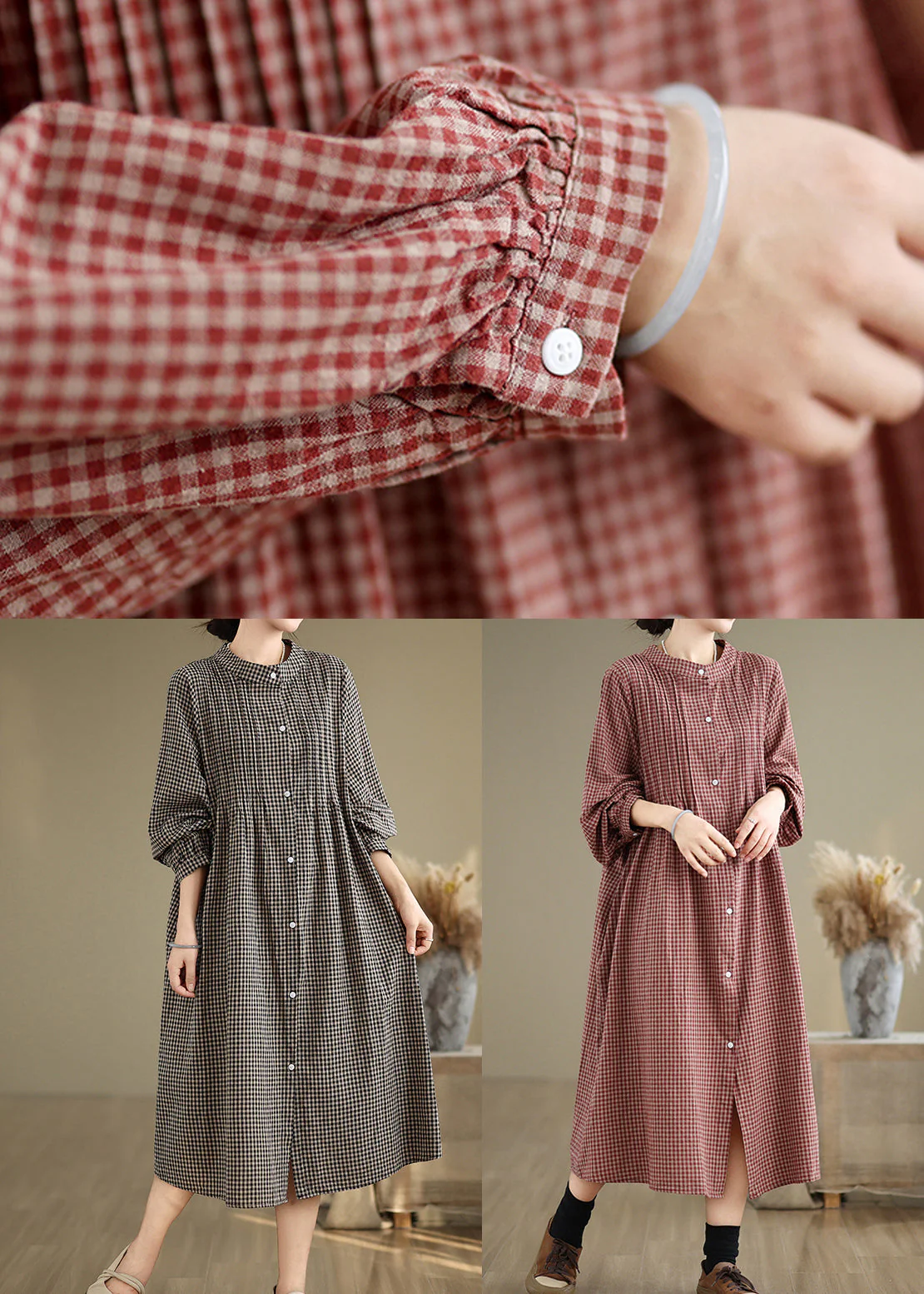 Loose Black Stand Collar Plaid Cotton Shirts Dresses Spring - Image 5