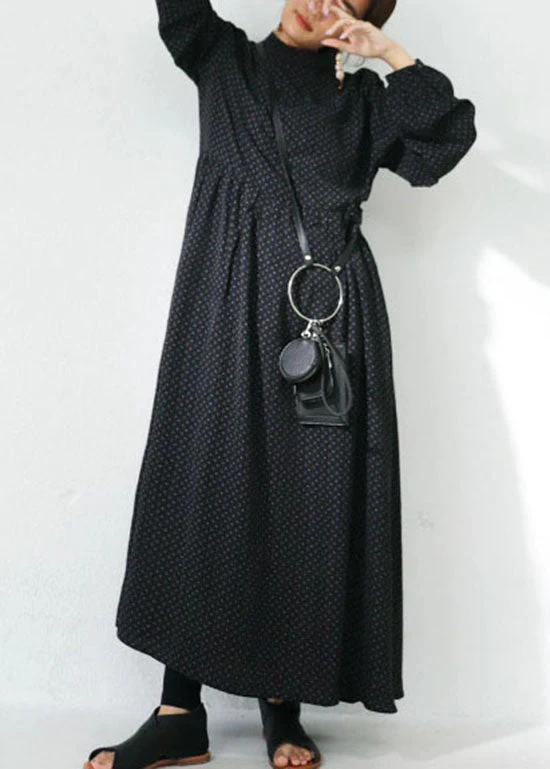 Loose Black Stand Collar Print Exra Large Hem Chiffon Maxi Dress Spring - Image 2