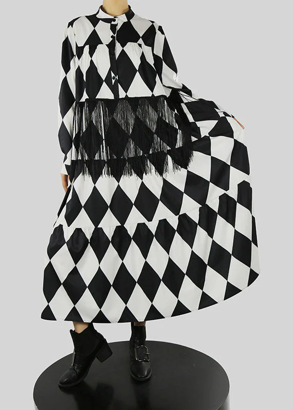 Loose Black Stand Collar Tassel Print shirt Dress Spring - Image 2