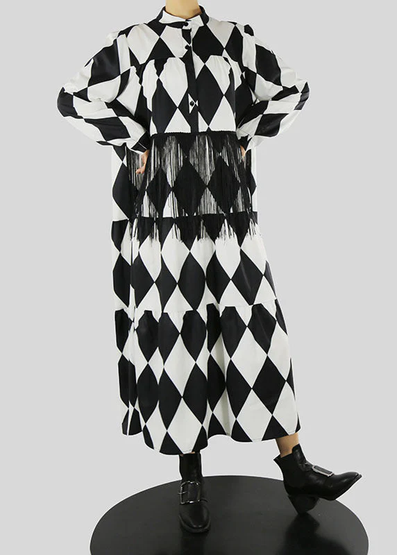Loose Black Stand Collar Tassel Print shirt Dress Spring - Image 3