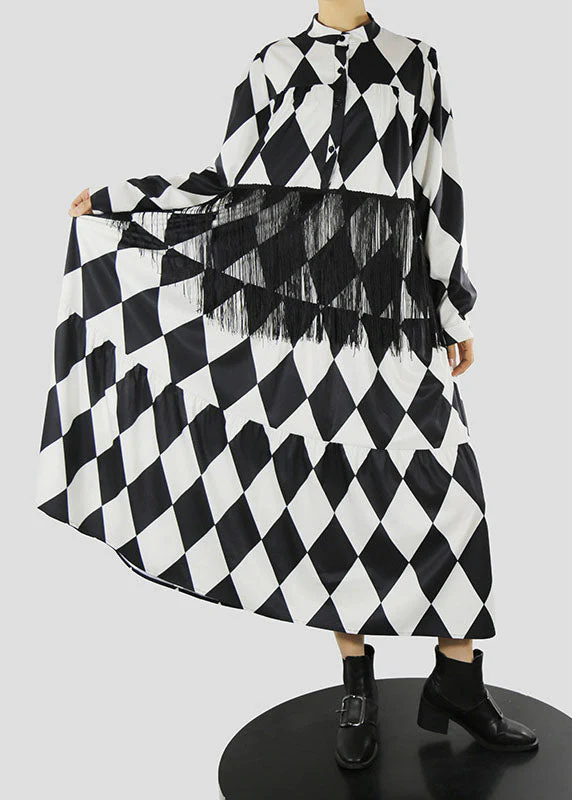 Loose Black Stand Collar Tassel Print shirt Dress Spring - Image 4