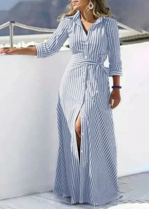 Loose Black Striped Button Tie Waist Cotton Blouses Dresses Bracelet Sleeve - Image 2