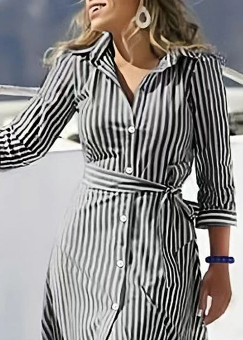 Loose Black Striped Button Tie Waist Cotton Blouses Dresses Bracelet Sleeve - Image 3