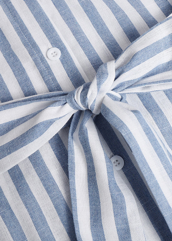 Loose Black Striped Button Tie Waist Cotton Blouses Dresses Bracelet Sleeve - Image 4
