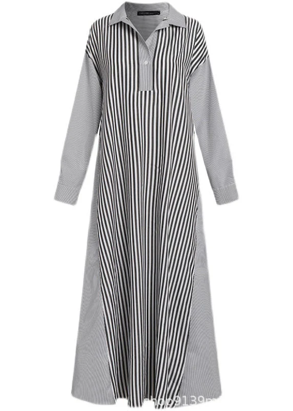 Loose Black Striped Peter Pan Collar Patchwork Cotton Dress Spring - Image 5