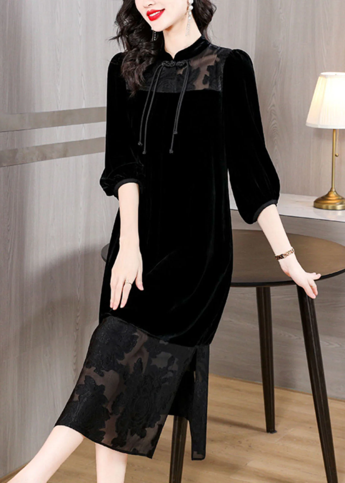 Loose Black Tulle Patchwork Side Open Silk Velour Dress Bracelet Sleeve - Image 2