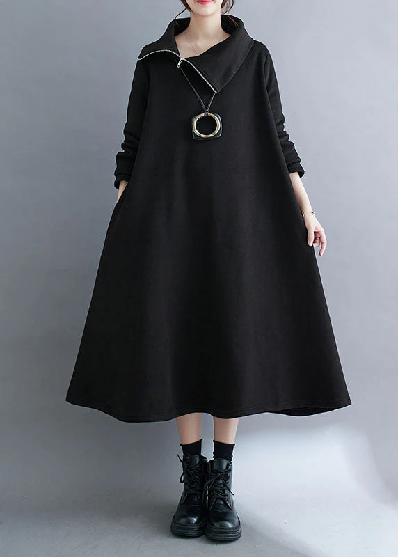 Loose Black Turtleneck Fleece Dress Long Dresses Long Sleeve - Image 3