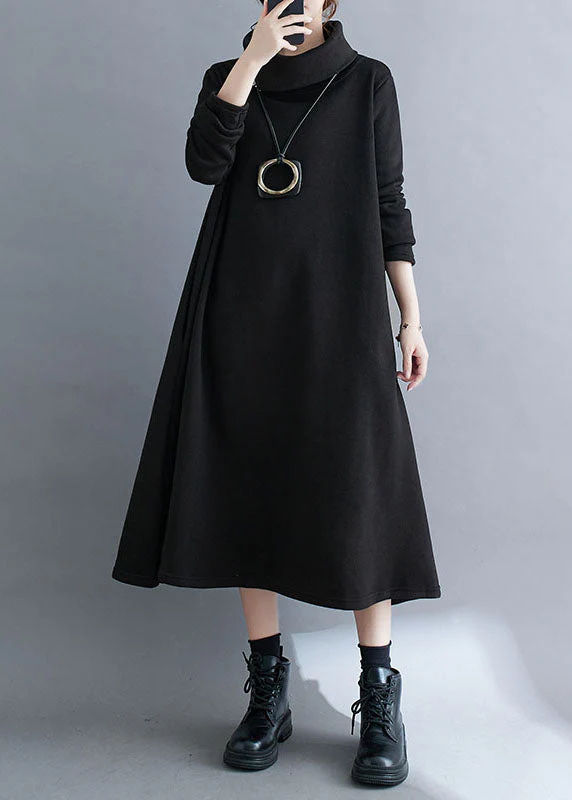 Loose Black Turtleneck Fleece Dress Long Dresses Long Sleeve - Image 4