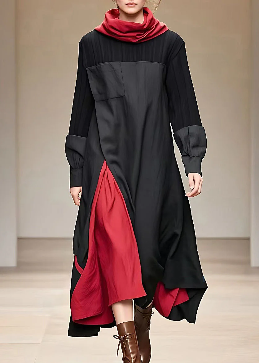 Loose Black Turtleneck Patchwork Long Dress Fall - Image 2