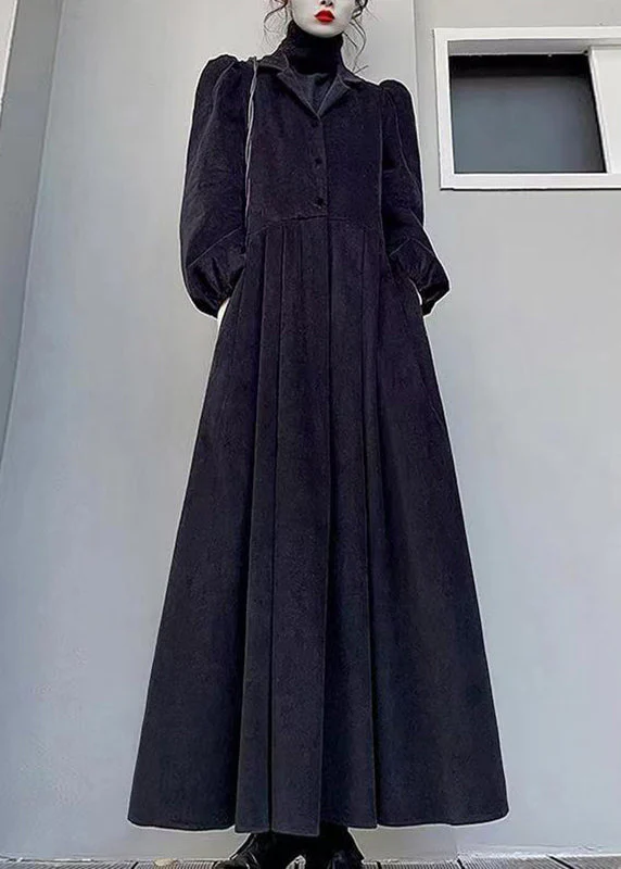 Loose Black Turtleneck Pockets Patchwork Corduroy Maxi Dress Fall - Image 2
