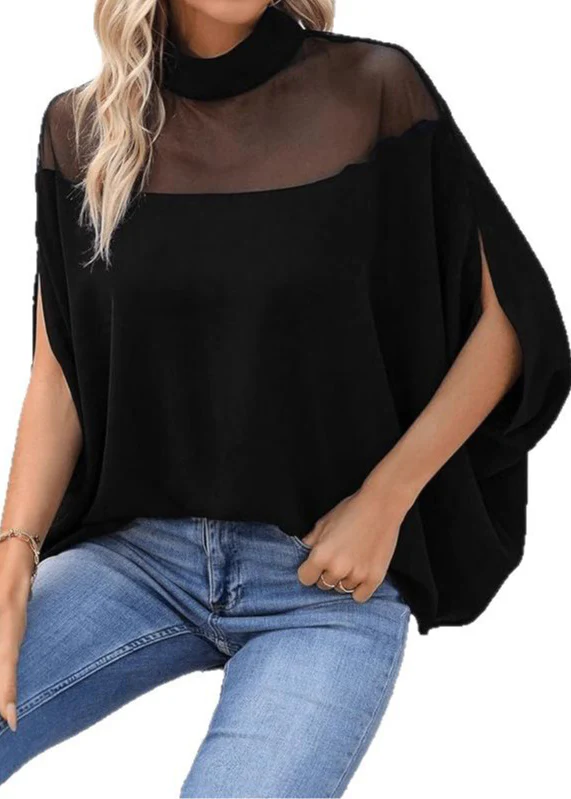 Loose Black Turtleneck Solid Tulle Patchwork T Shirts Batwing Sleeve - Image 5