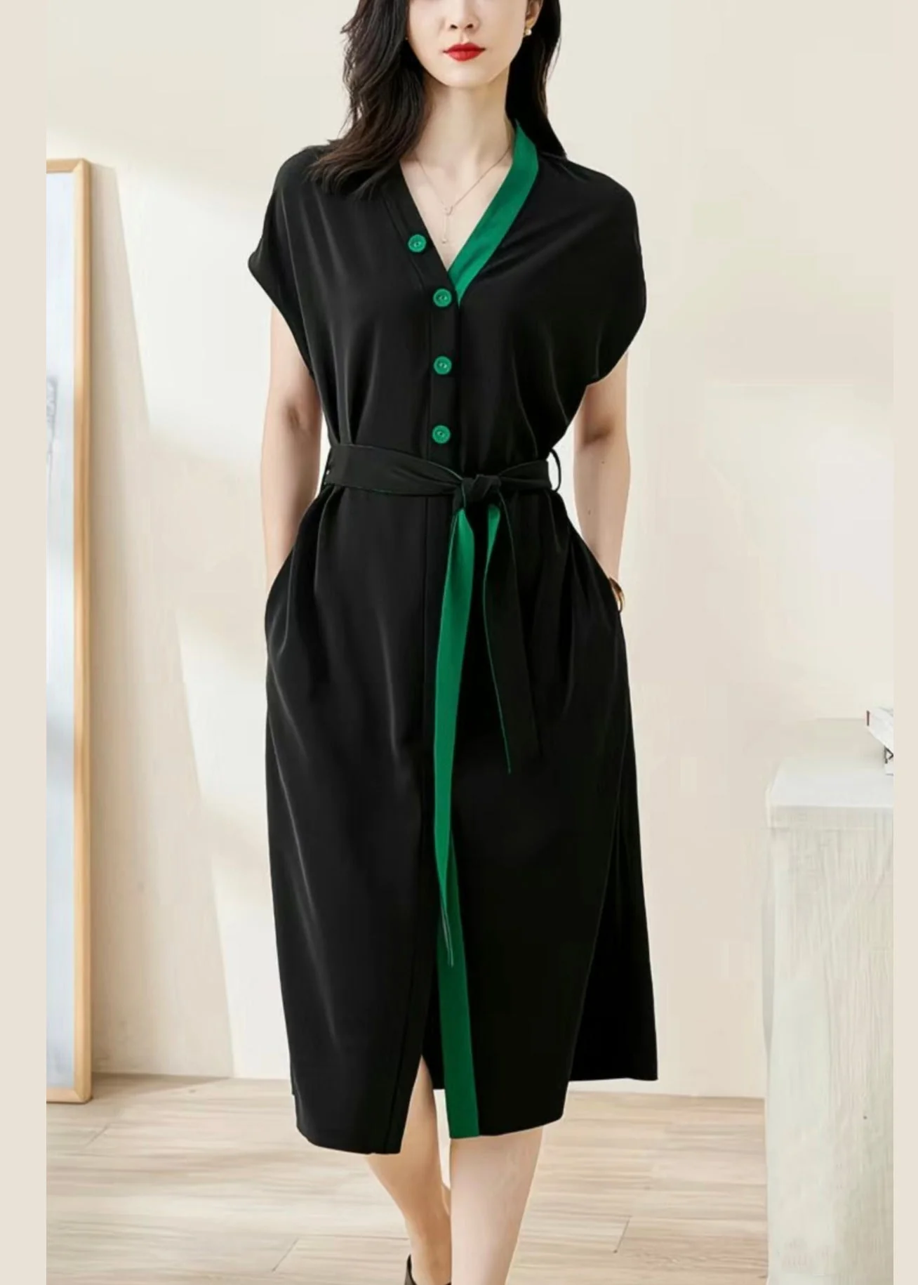 Loose Black V Neck Button Tie Waist Cotton Dresses Batwing Sleeve - Image 2