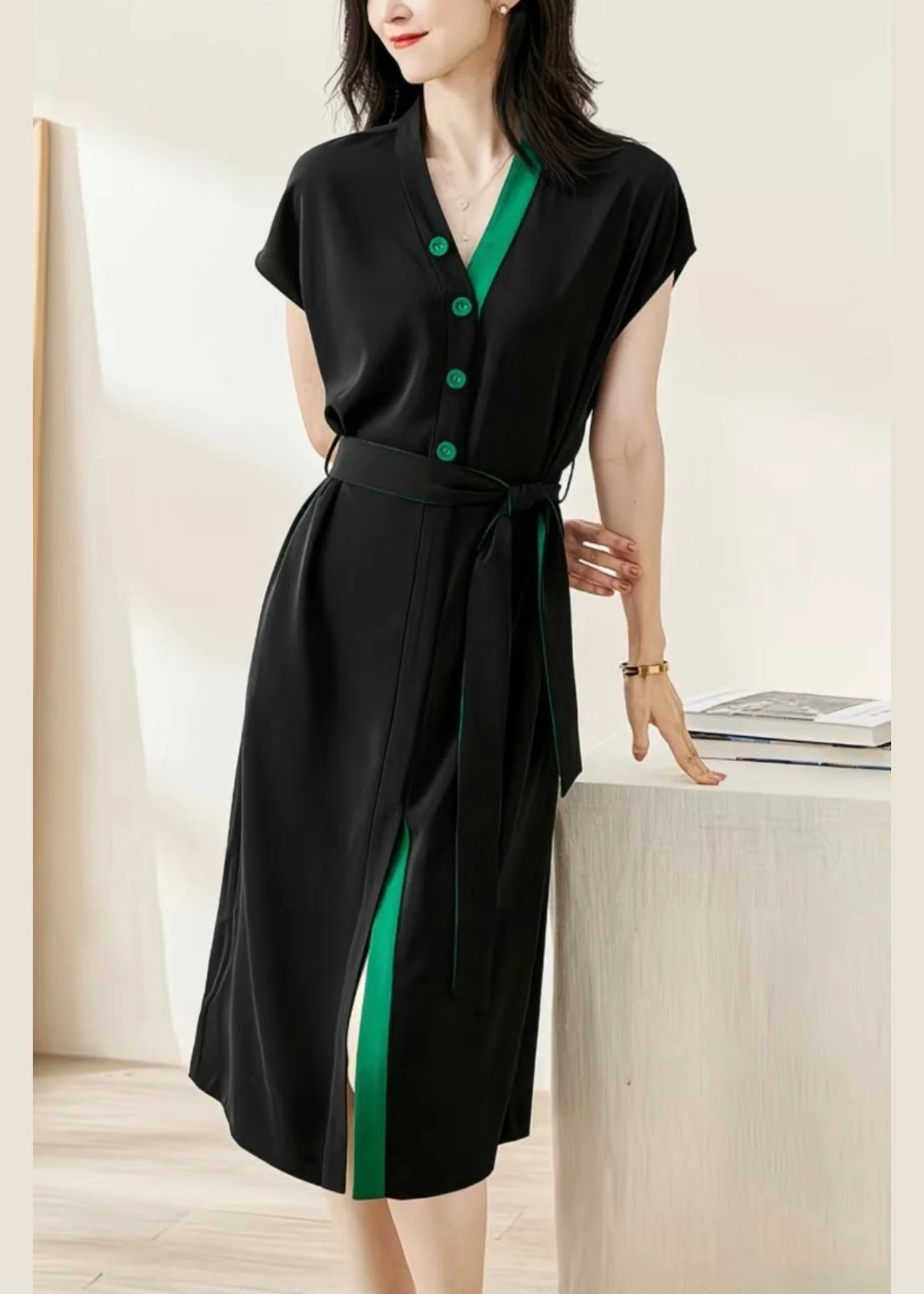 Loose Black V Neck Button Tie Waist Cotton Dresses Batwing Sleeve - Image 3