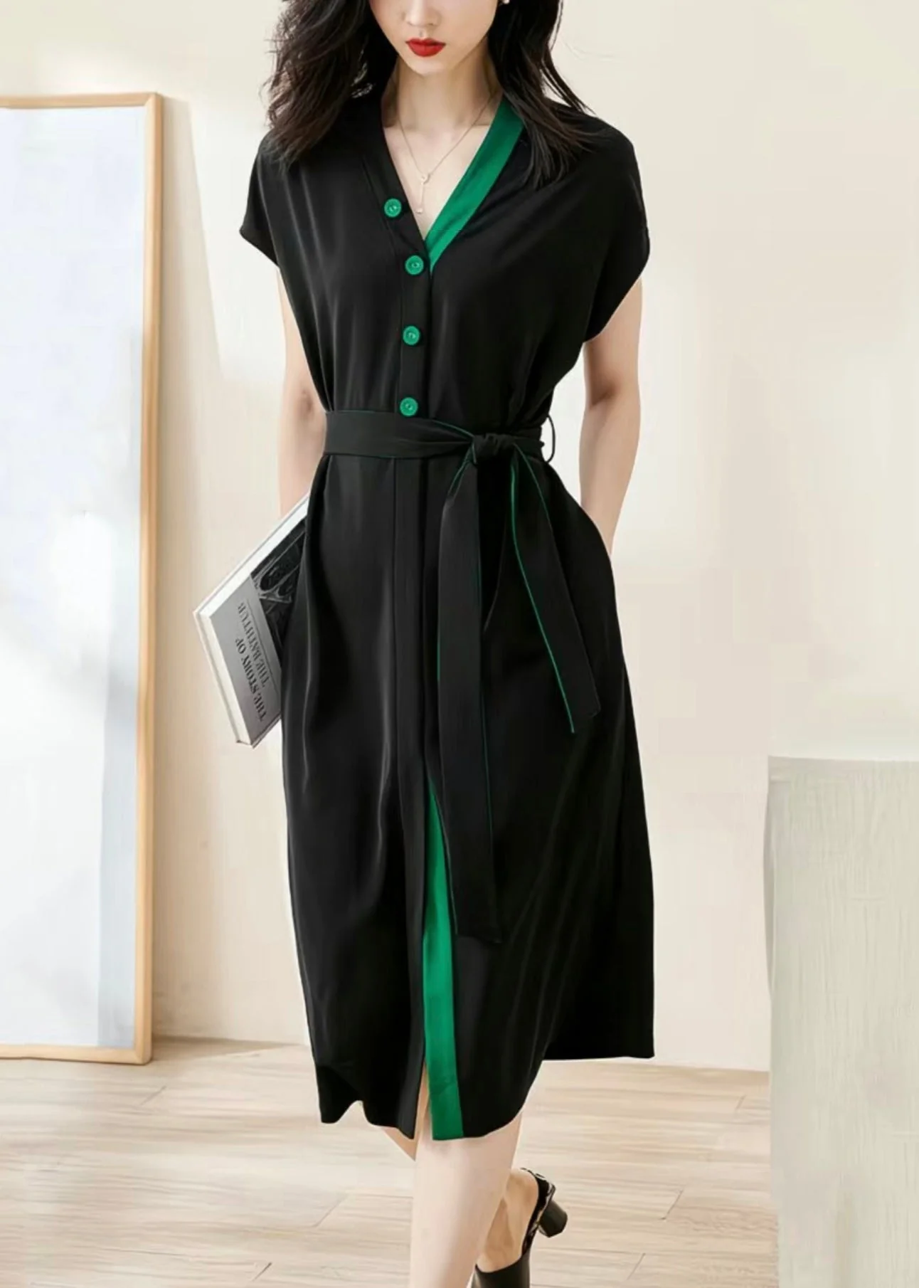 Loose Black V Neck Button Tie Waist Cotton Dresses Batwing Sleeve - Image 4