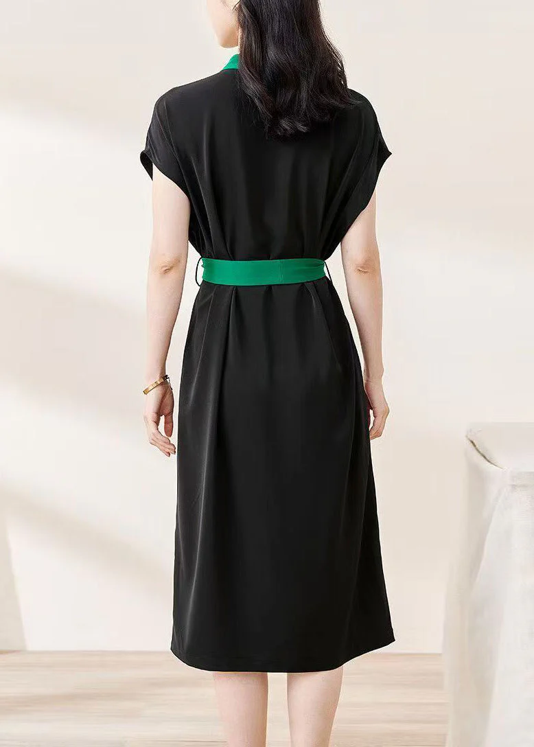 Loose Black V Neck Button Tie Waist Cotton Dresses Batwing Sleeve - Image 5