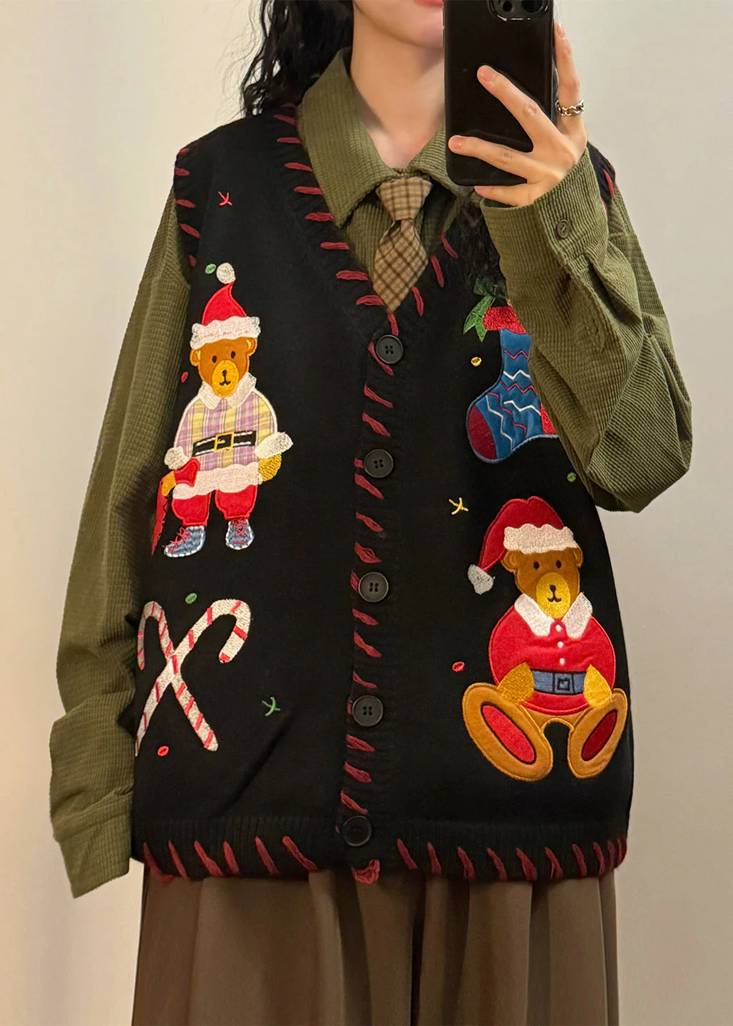 Loose Black V Neck Character Button Knit Waistcoat Sleeveless - Image 2
