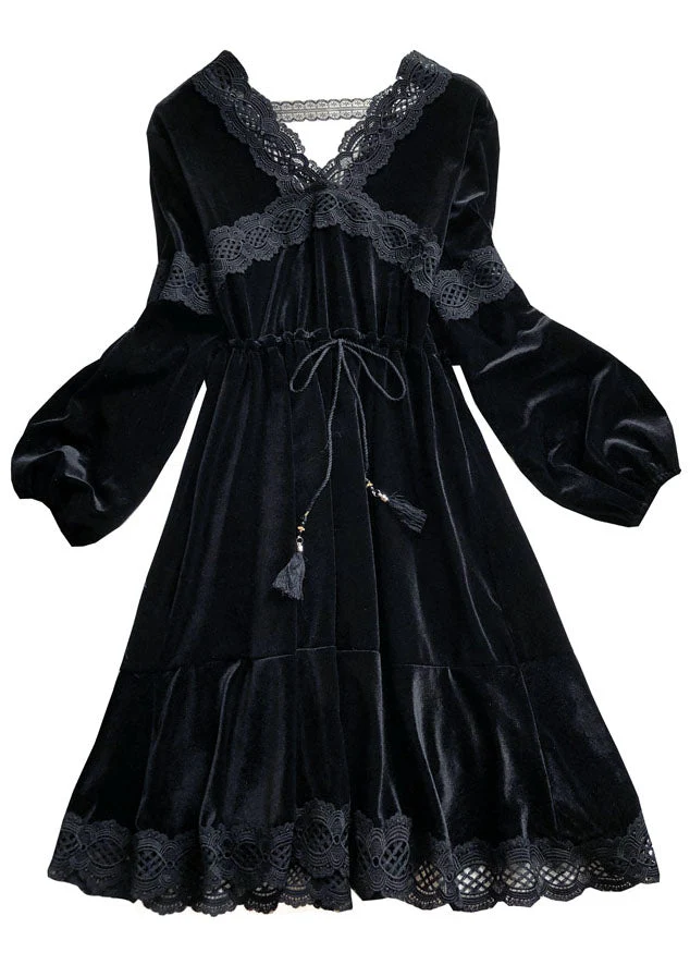 Loose Black V Neck Cinched Patchwork Velour Dress Winter - Image 2