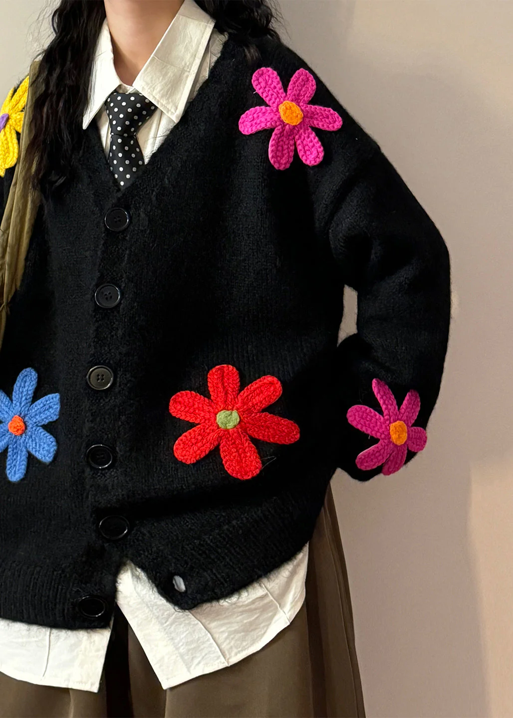 Loose Black V Neck Floral Button Knit Coats Spring - Image 4