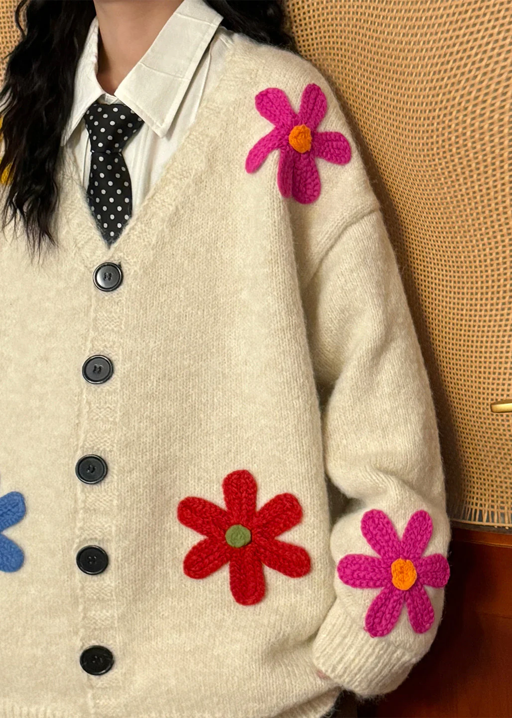 Loose Black V Neck Floral Button Knit Coats Spring - Image 5