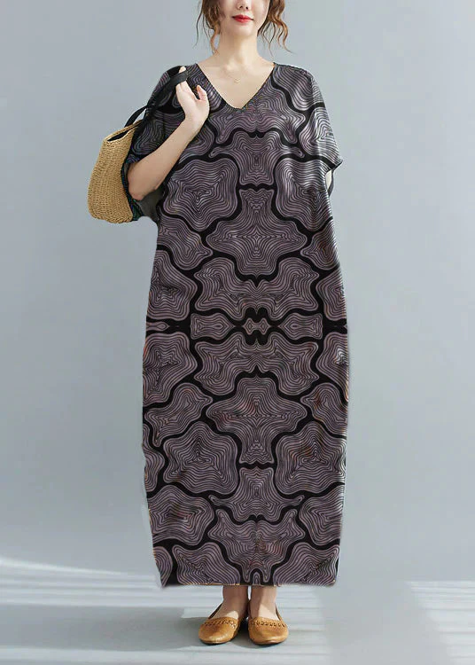 Loose Black V Neck Oversized Leaf Print Chiffon Long Dress Short Sleeve - Image 10