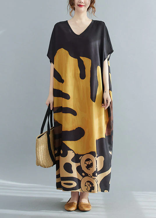 Loose Black V Neck Oversized Leaf Print Chiffon Long Dress Short Sleeve - Image 2