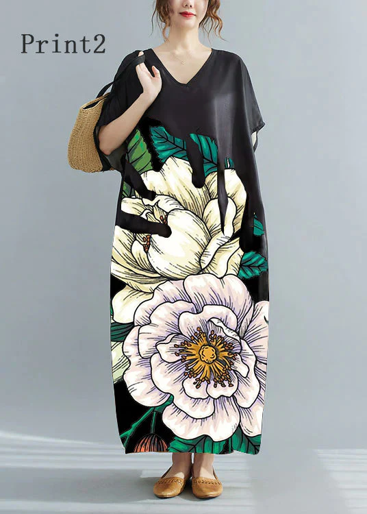 Loose Black V Neck Oversized Leaf Print Chiffon Long Dress Short Sleeve - Image 7