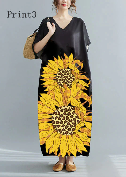 Loose Black V Neck Oversized Leaf Print Chiffon Long Dress Short Sleeve - Image 8