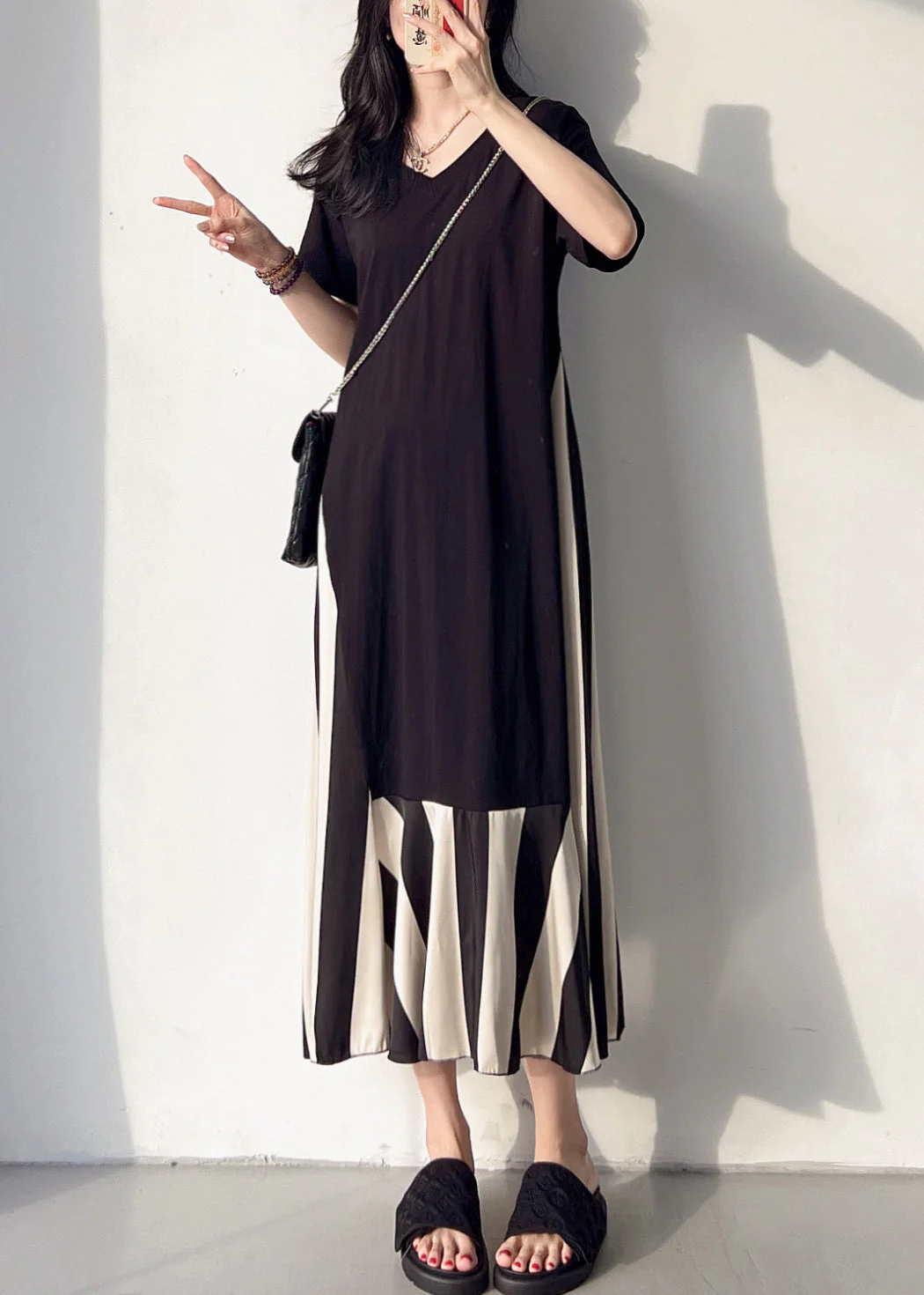 Loose Black V Neck Patchwork Cotton Long Dress Summer - Image 3