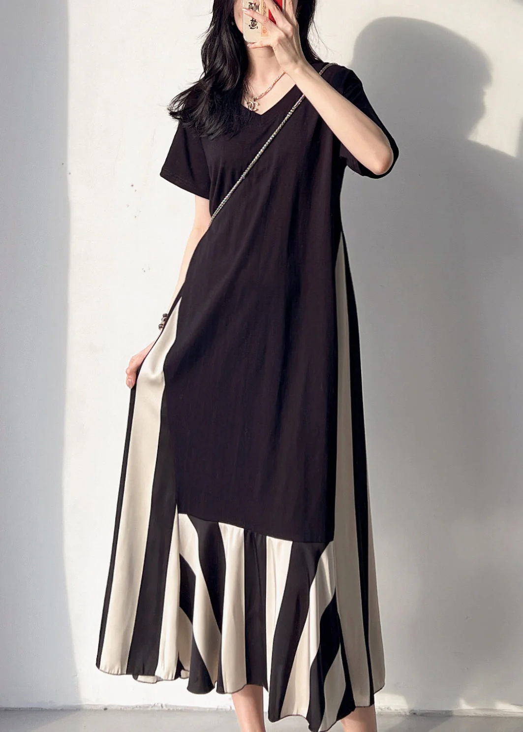 Loose Black V Neck Patchwork Cotton Long Dress Summer - Image 4
