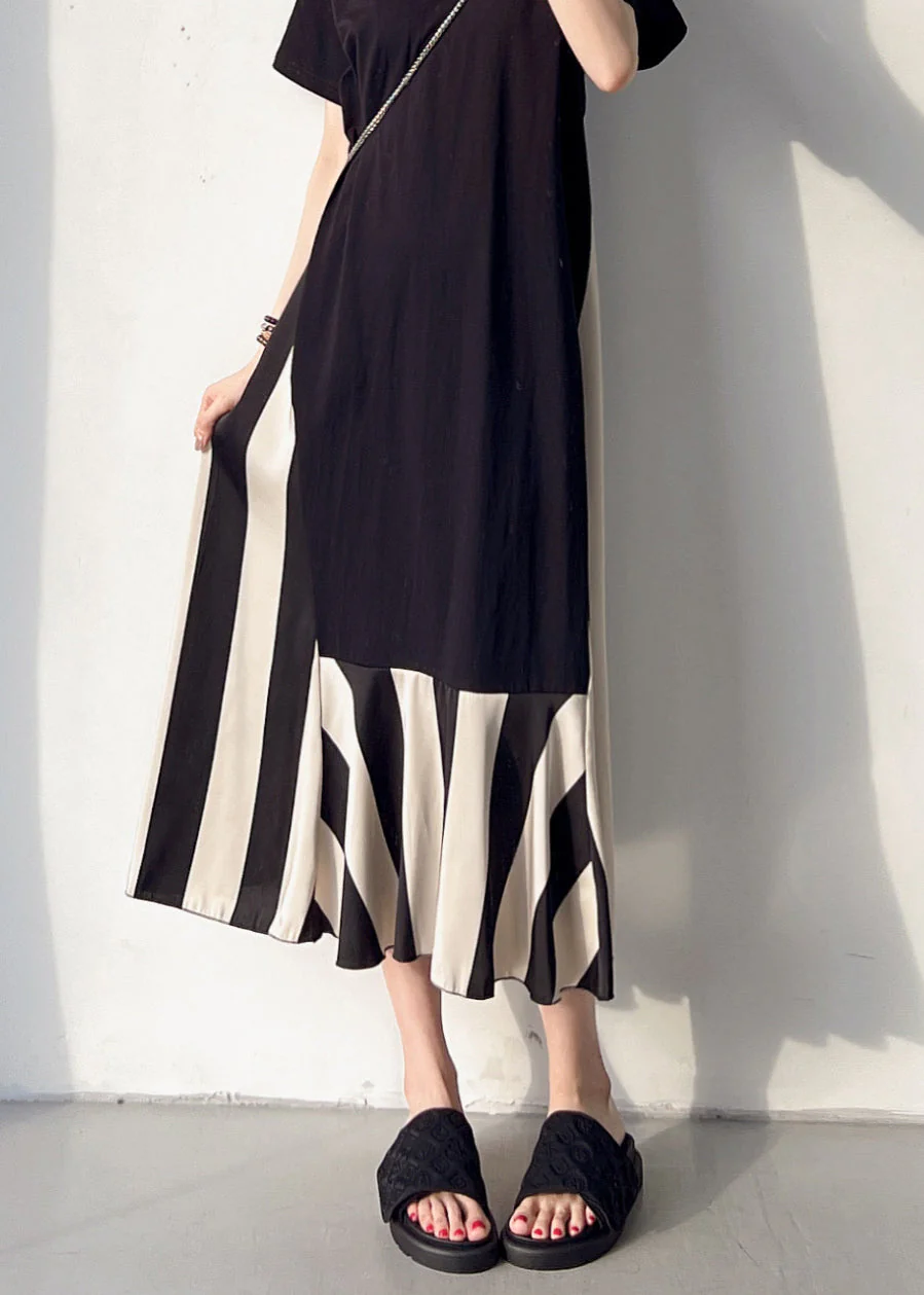 Loose Black V Neck Patchwork Cotton Long Dress Summer - Image 5