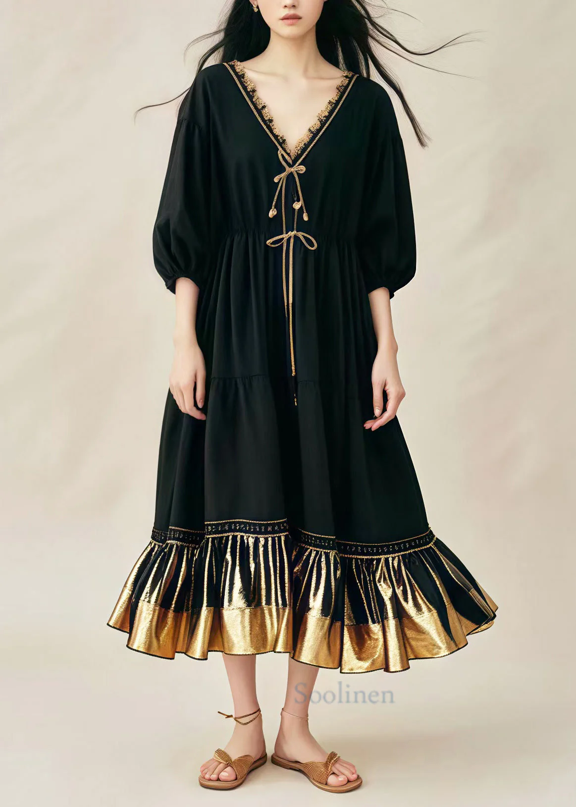 Loose Black V Neck Patchwork Cotton Maxi Dresses Summer - Image 2