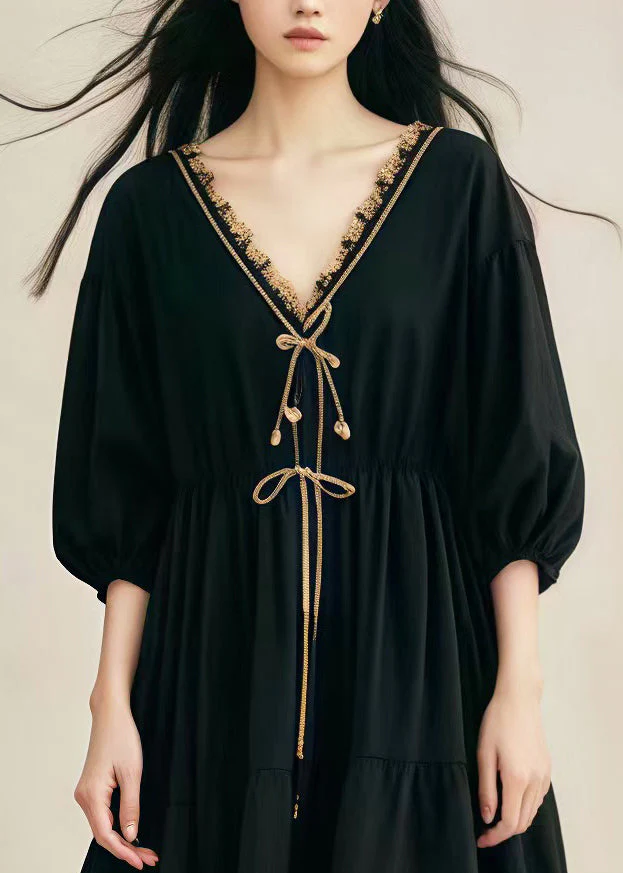 Loose Black V Neck Patchwork Cotton Maxi Dresses Summer - Image 3