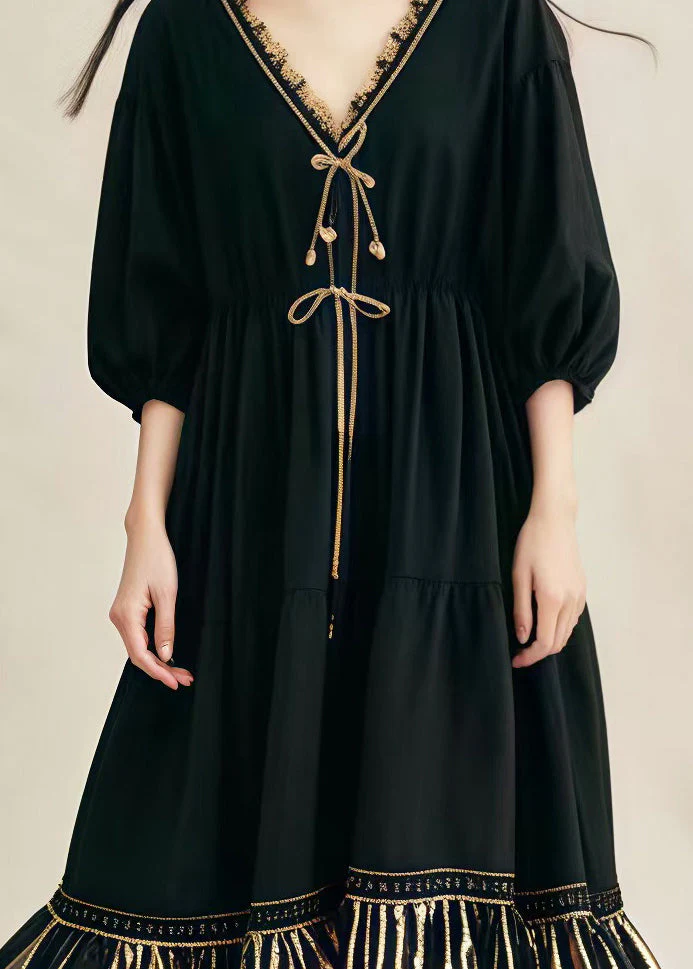 Loose Black V Neck Patchwork Cotton Maxi Dresses Summer - Image 4
