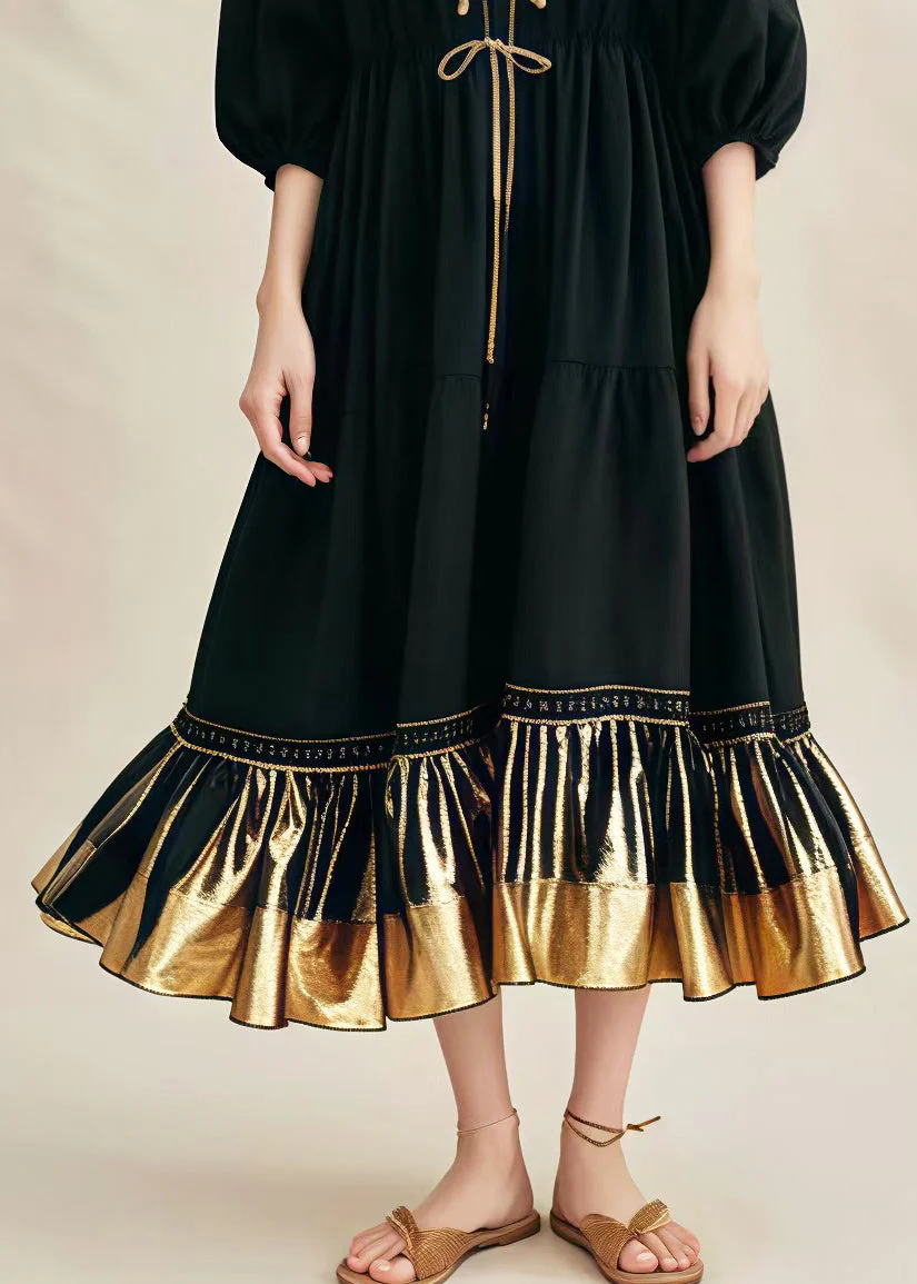Loose Black V Neck Patchwork Cotton Maxi Dresses Summer - Image 5