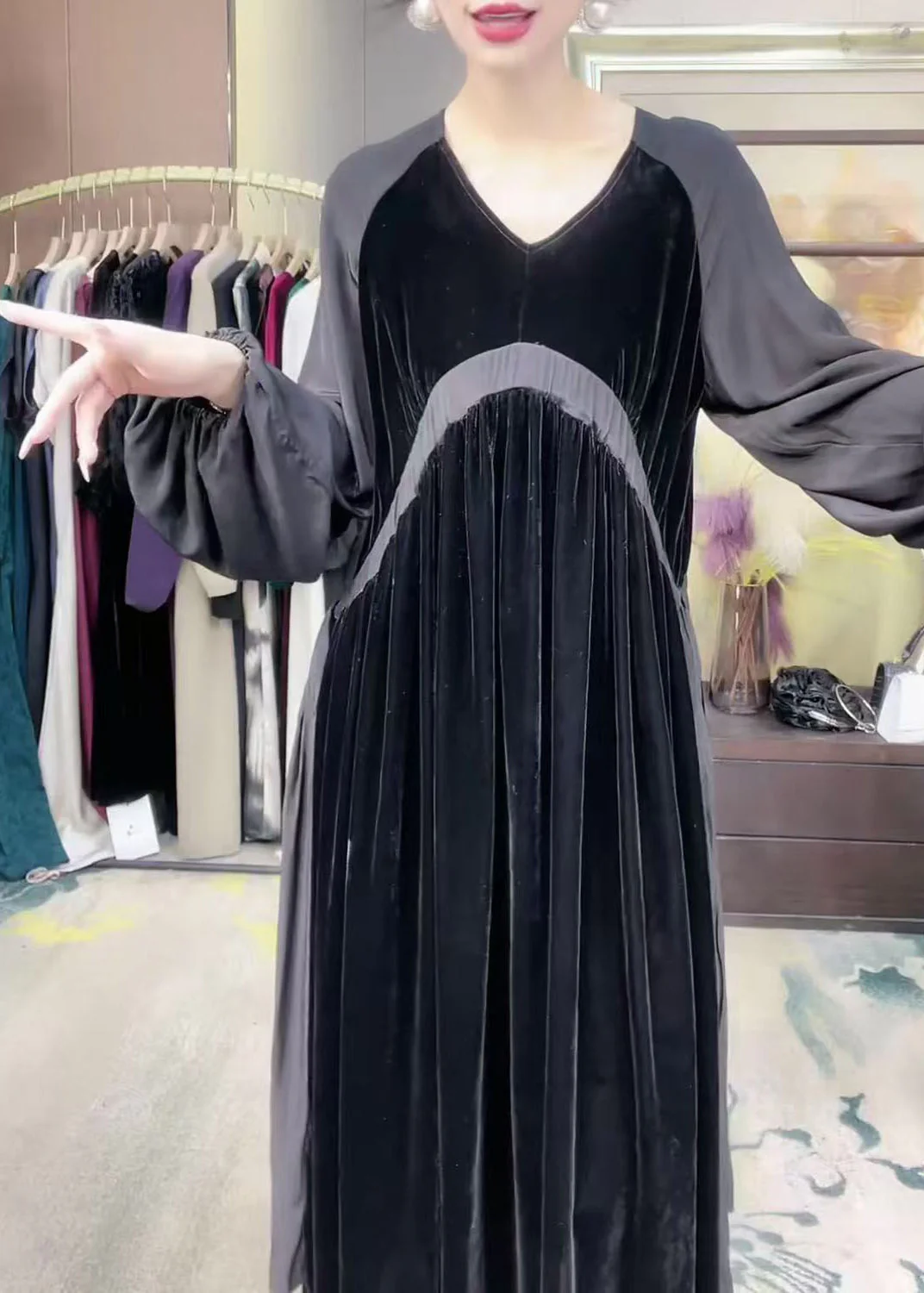 Loose Black V Neck Patchwork Silk Velvet Long Dress Winter - Image 3