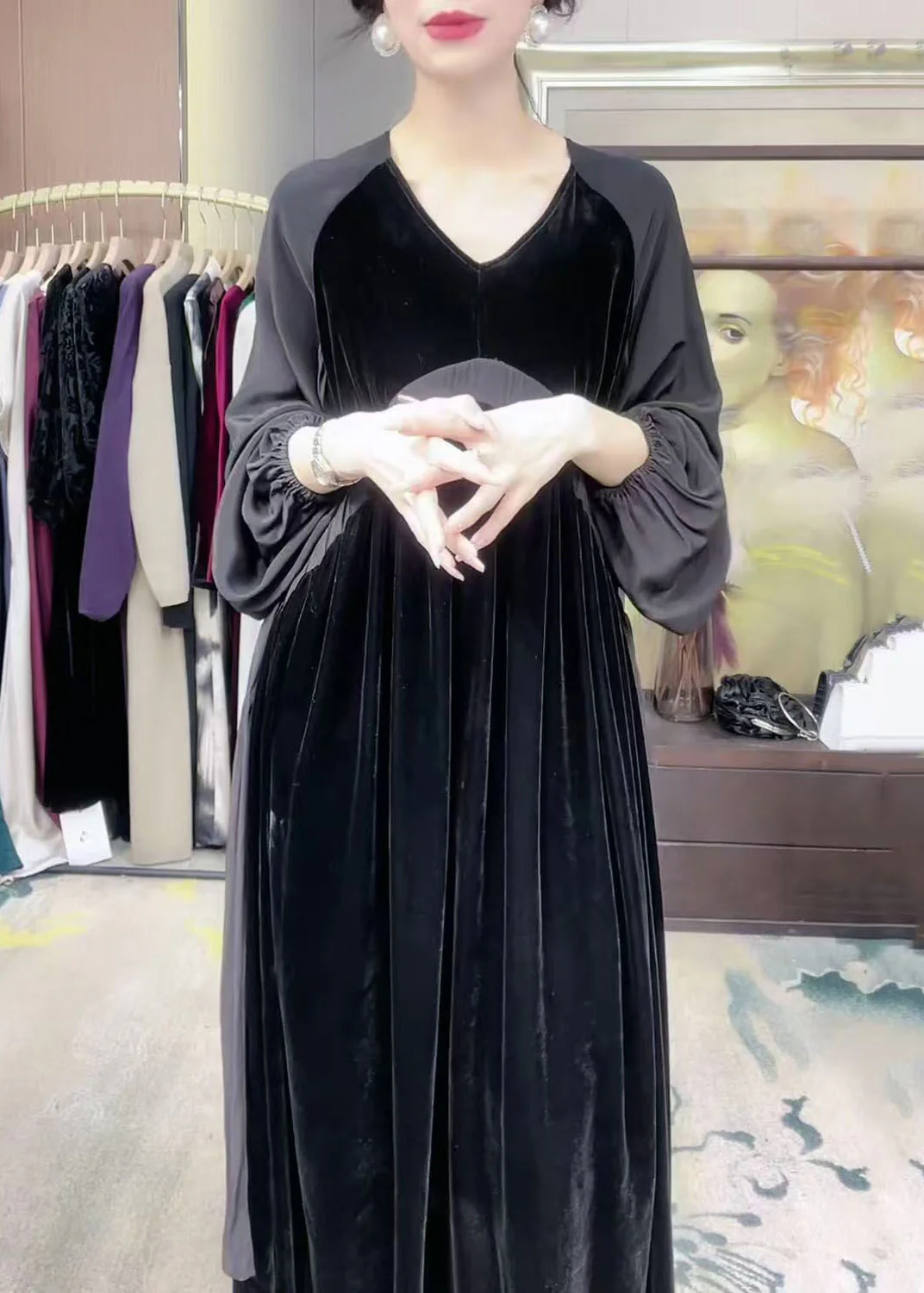 Loose Black V Neck Patchwork Silk Velvet Long Dress Winter - Image 4