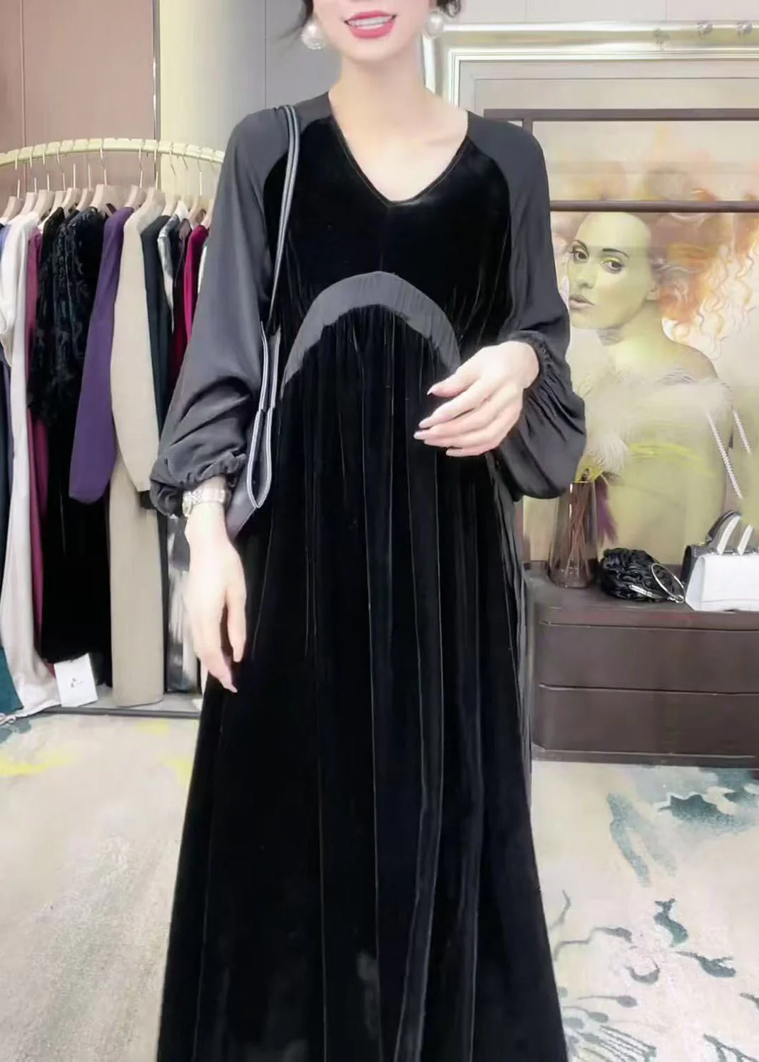 Loose Black V Neck Patchwork Silk Velvet Long Dress Winter - Image 5