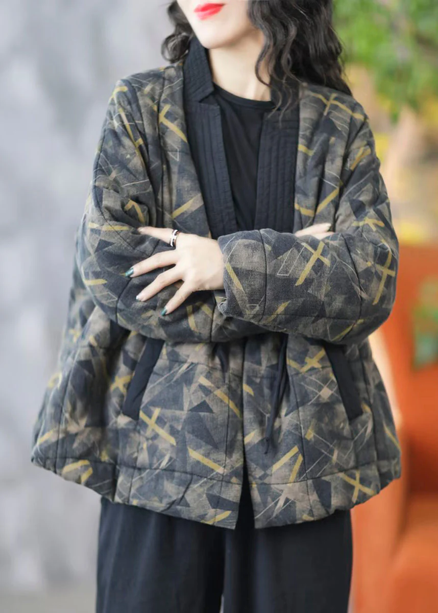 Loose Black V Neck Pockets Patchwork Fine Cotton Coat Spring - Image 2