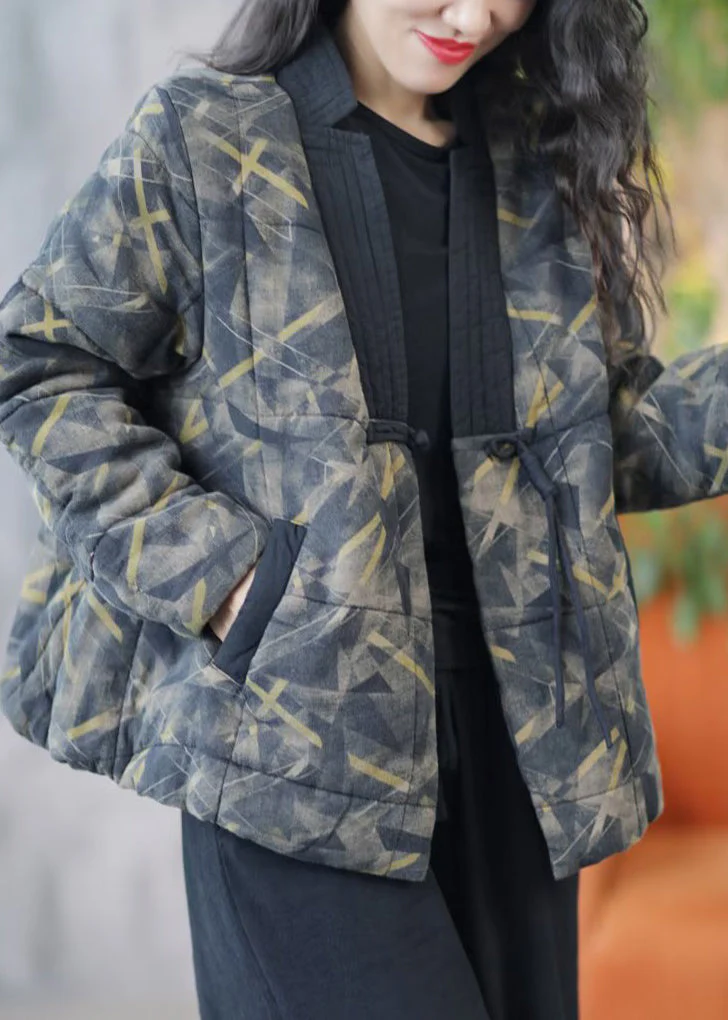 Loose Black V Neck Pockets Patchwork Fine Cotton Coat Spring - Image 3