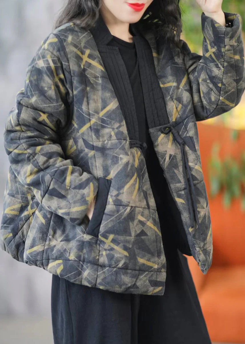 Loose Black V Neck Pockets Patchwork Fine Cotton Coat Spring - Image 4