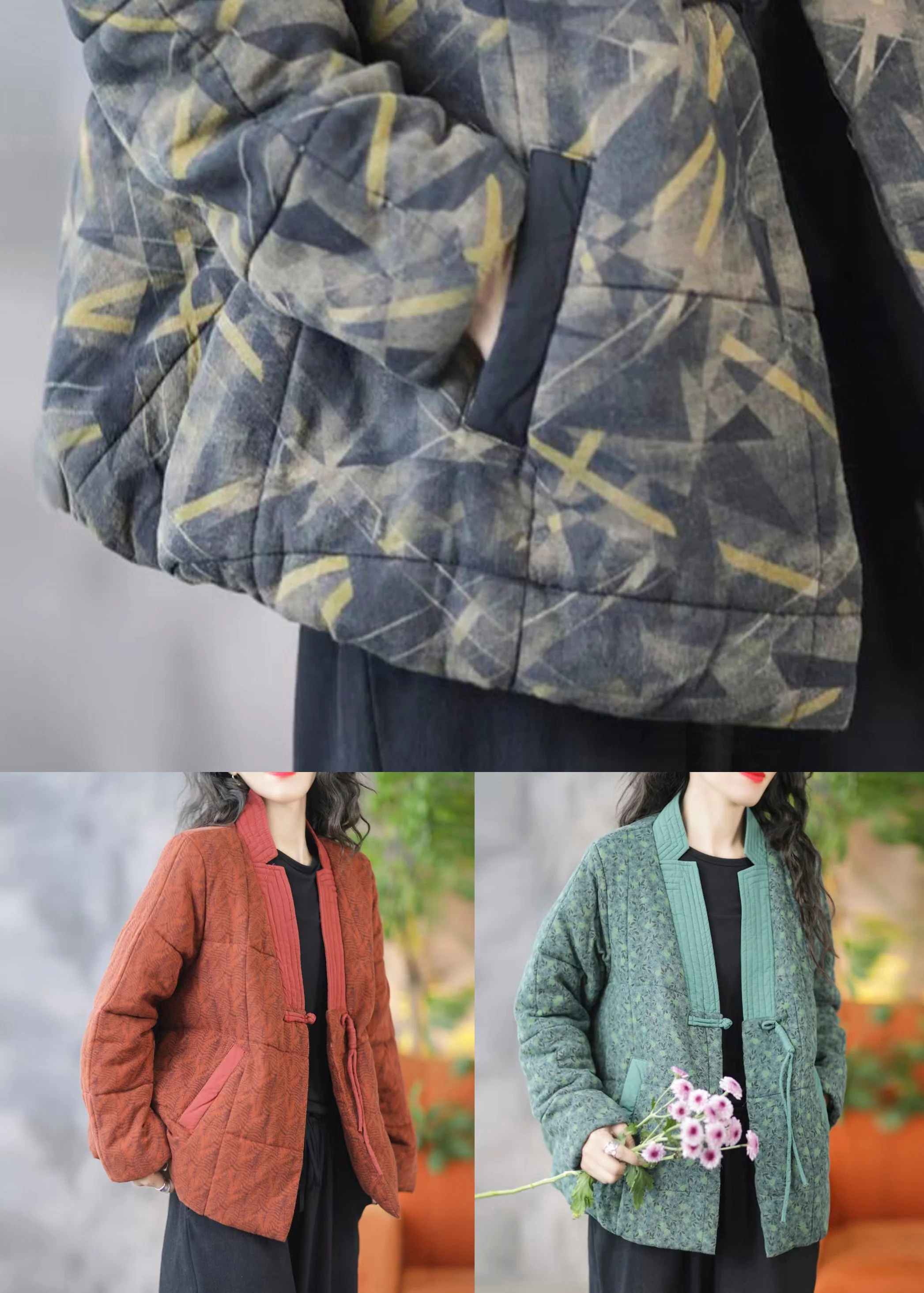 Loose Black V Neck Pockets Patchwork Fine Cotton Coat Spring - Image 5