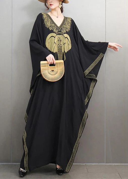 Loose Black V Neck Print Cotton Maxi Dresses Batwing Sleeve - Image 2