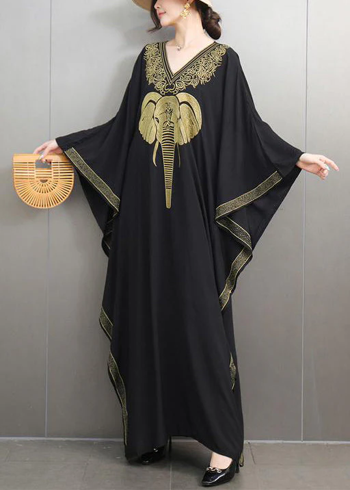 Loose Black V Neck Print Cotton Maxi Dresses Batwing Sleeve - Image 3